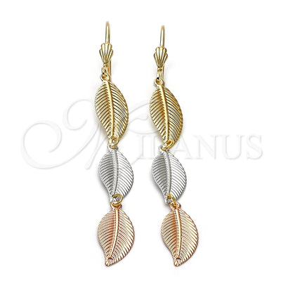 Oro Laminado Long Earring, Gold Filled Style Leaf Design, Diamond Cutting Finish, Tricolor, 5.075.004.1 for wholesale, main product view