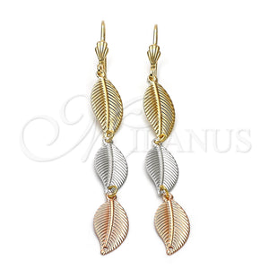 Oro Laminado Long Earring, Gold Filled Style Leaf Design, Diamond Cutting Finish, Tricolor, 5.075.004.1