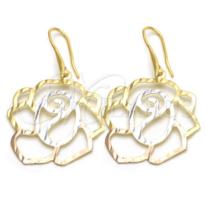 Oro Laminado Dangle Earring, Gold Filled Style Flower Design, Polished, Tricolor, 5.079.011