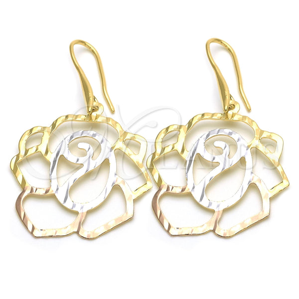 Oro Laminado Dangle Earring, Gold Filled Style Flower Design, Polished, Tricolor, 5.079.011