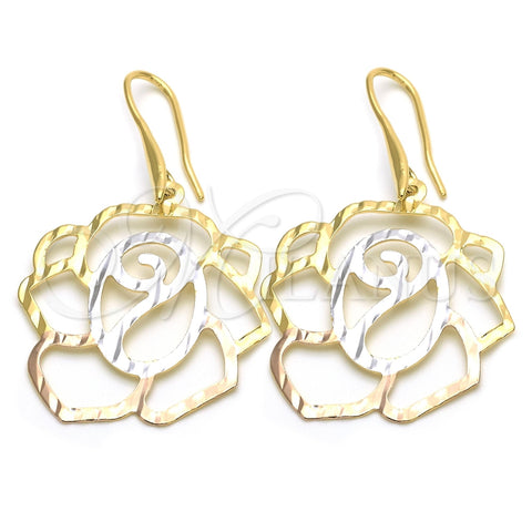Oro Laminado Dangle Earring, Gold Filled Style Flower Design, Polished, Tricolor, 5.079.011