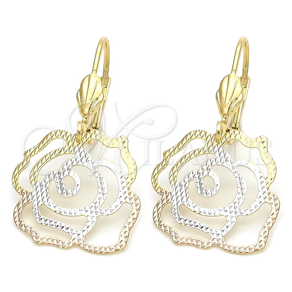 Oro Laminado Dangle Earring, Gold Filled Style Flower Design, Polished, Tricolor, 5.079.012