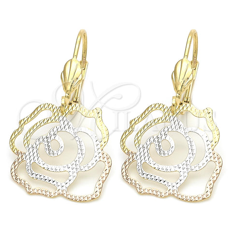 Oro Laminado Dangle Earring, Gold Filled Style Flower Design, Polished, Tricolor, 5.079.012