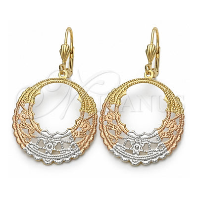 Oro Laminado Dangle Earring, Gold Filled Style Flower Design, Polished, Tricolor, 5.080.006