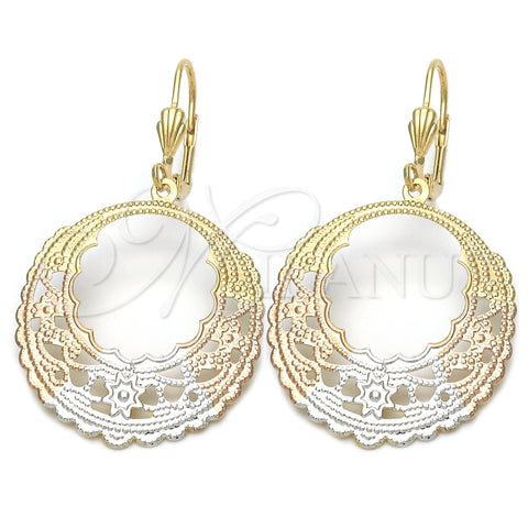 Oro Laminado Dangle Earring, Gold Filled Style Flower Design, Polished, Tricolor, 5.080.006