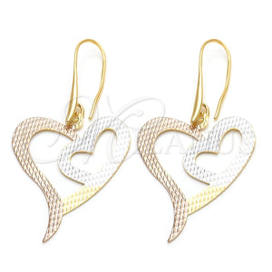 Oro Laminado Dangle Earring, Gold Filled Style Heart Design, Polished, Tricolor, 5.085.011