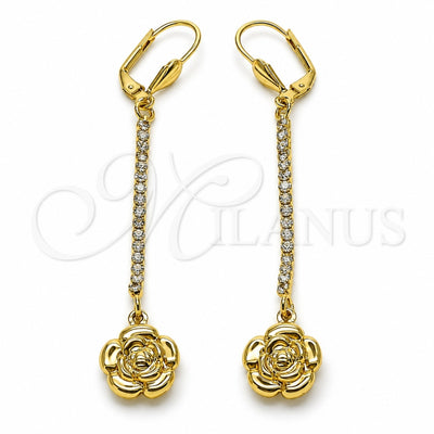 Oro Laminado Long Earring, Gold Filled Style Flower Design, with White Crystal, Polished, Golden Finish, 5.086.010