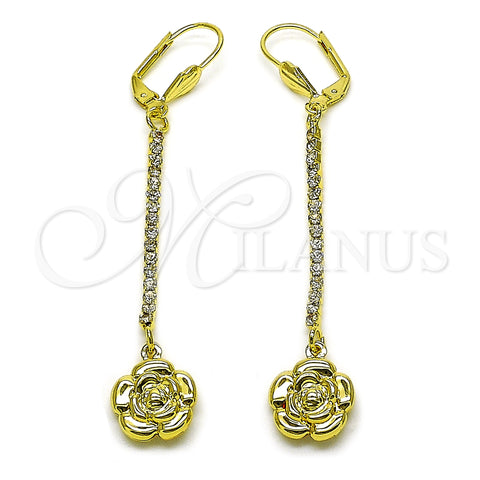 Oro Laminado Long Earring, Gold Filled Style Flower Design, with White Crystal, Polished, Golden Finish, 5.086.010