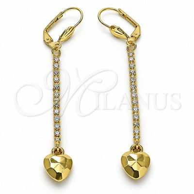 Oro Laminado Long Earring, Gold Filled Style Heart Design, with White Crystal, Polished, Golden Finish, 5.088.013