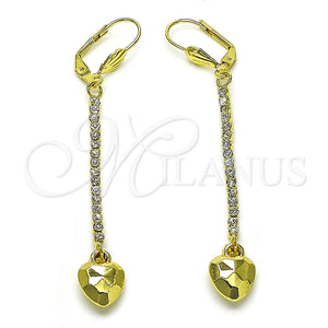 Oro Laminado Long Earring, Gold Filled Style Heart Design, with White Crystal, Polished, Golden Finish, 5.088.013