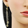 Oro Laminado Long Earring, Gold Filled Style Star and Moon Design, with White Crystal, Diamond Cutting Finish, Golden Finish, 5.089.001
