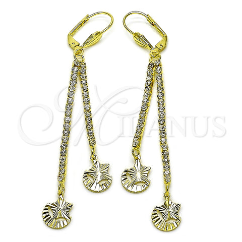 Oro Laminado Long Earring, Gold Filled Style Star and Moon Design, with White Crystal, Diamond Cutting Finish, Golden Finish, 5.089.001
