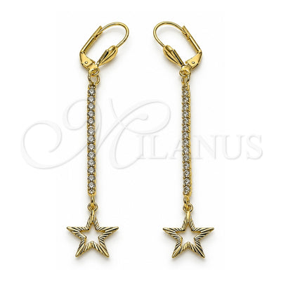 Oro Laminado Long Earring, Gold Filled Style Star Design, with White Crystal, Diamond Cutting Finish, Golden Finish, 5.089.005