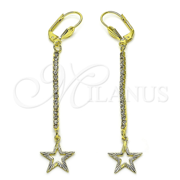 Oro Laminado Long Earring, Gold Filled Style Star Design, with White Crystal, Diamond Cutting Finish, Golden Finish, 5.089.005