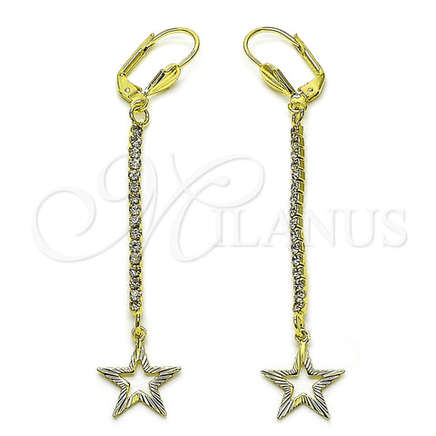 Oro Laminado Long Earring, Gold Filled Style Star Design, with White Crystal, Diamond Cutting Finish, Golden Finish, 5.089.005