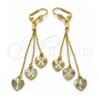 Oro Laminado Long Earring, Gold Filled Style Heart Design, Diamond Cutting Finish, Golden Finish, 5.090.008