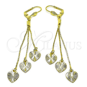 Oro Laminado Long Earring, Gold Filled Style Heart Design, Diamond Cutting Finish, Golden Finish, 5.090.008