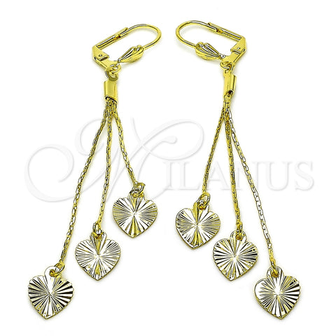 Oro Laminado Long Earring, Gold Filled Style Heart Design, Diamond Cutting Finish, Golden Finish, 5.090.008