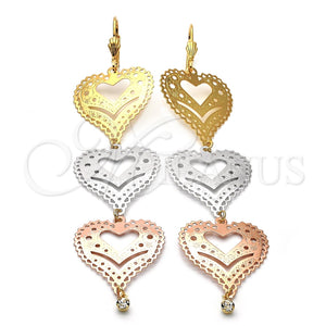 Oro Laminado Long Earring, Gold Filled Style Heart and Flower Design, with White Cubic Zirconia, Diamond Cutting Finish, Tricolor, 5.091.004