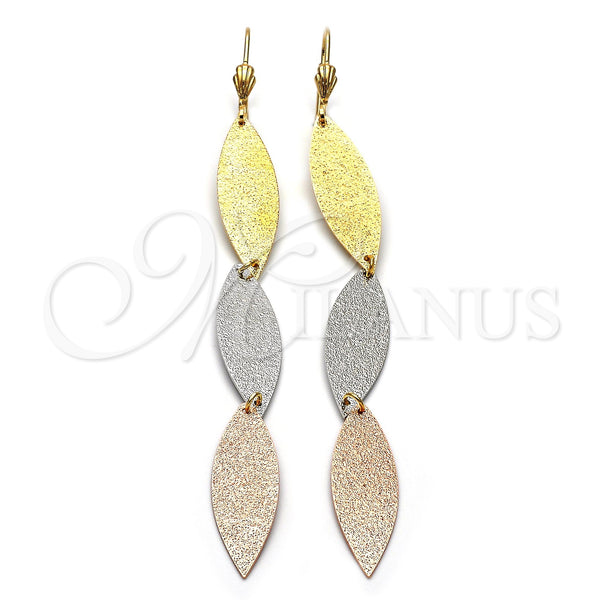Oro Laminado Long Earring, Gold Filled Style Leaf Design, Matte Finish, Tricolor, 5.094.012
