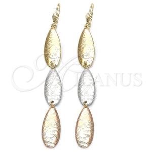 Oro Laminado Long Earring, Gold Filled Style Leaf Design, Polished, Tricolor, 5.096.001
