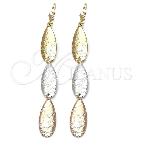 Oro Laminado Long Earring, Gold Filled Style Leaf Design, Polished, Tricolor, 5.096.001