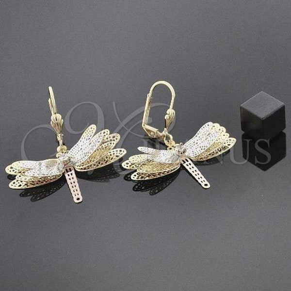 Oro Laminado Dangle Earring, Gold Filled Style Butterfly Design, with White Cubic Zirconia, Polished, Tricolor, 5.096.011