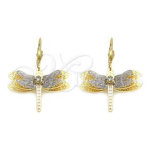 Oro Laminado Dangle Earring, Gold Filled Style Butterfly Design, with White Cubic Zirconia, Polished, Tricolor, 5.096.011