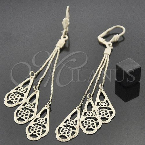 Oro Laminado Long Earring, Gold Filled Style Flower Design, with White Cubic Zirconia, Diamond Cutting Finish, Golden Finish, 5.097.006