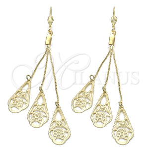 Oro Laminado Long Earring, Gold Filled Style Flower Design, with White Cubic Zirconia, Diamond Cutting Finish, Golden Finish, 5.097.006