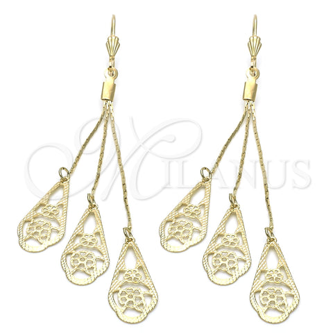 Oro Laminado Long Earring, Gold Filled Style Flower Design, with White Cubic Zirconia, Diamond Cutting Finish, Golden Finish, 5.097.006