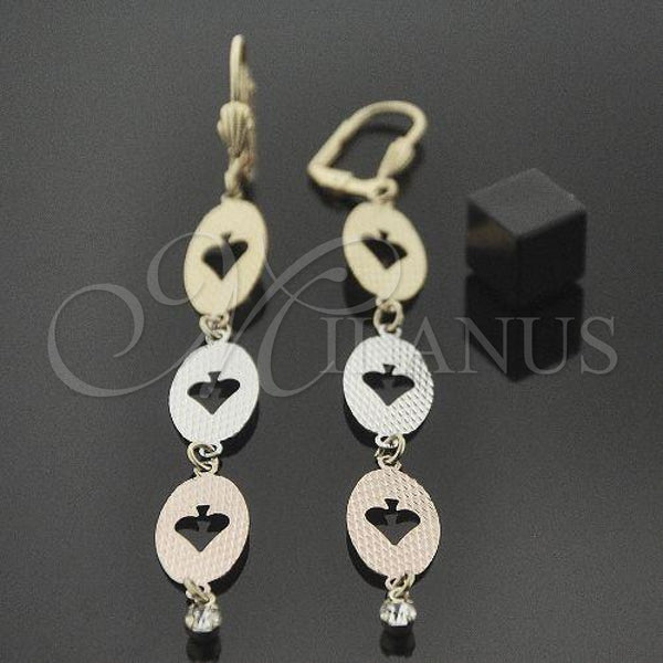 Oro Laminado Long Earring, Gold Filled Style Leaf Design, with White Cubic Zirconia, Diamond Cutting Finish, Tricolor, 5.097.008