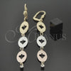 Oro Laminado Long Earring, Gold Filled Style Leaf Design, with White Cubic Zirconia, Diamond Cutting Finish, Tricolor, 5.097.008