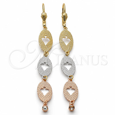 Oro Laminado Long Earring, Gold Filled Style Leaf Design, with White Cubic Zirconia, Diamond Cutting Finish, Tricolor, 5.097.008