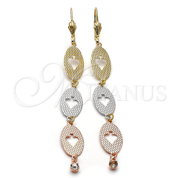Oro Laminado Long Earring, Gold Filled Style Leaf Design, with White Cubic Zirconia, Diamond Cutting Finish, Tricolor, 5.097.008
