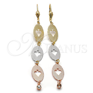 Oro Laminado Long Earring, Gold Filled Style Leaf Design, with White Cubic Zirconia, Diamond Cutting Finish, Tricolor, 5.097.008
