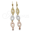 Oro Laminado Long Earring, Gold Filled Style Leaf Design, with White Cubic Zirconia, Diamond Cutting Finish, Tricolor, 5.097.008