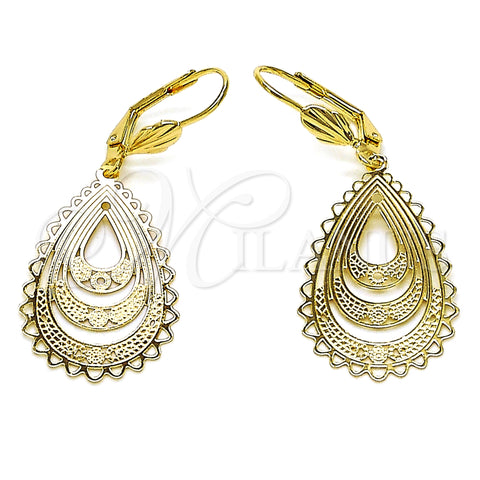 Oro Laminado Dangle Earring, Gold Filled Style Teardrop and Filigree Design, Polished, Golden Finish, 5.098.012
