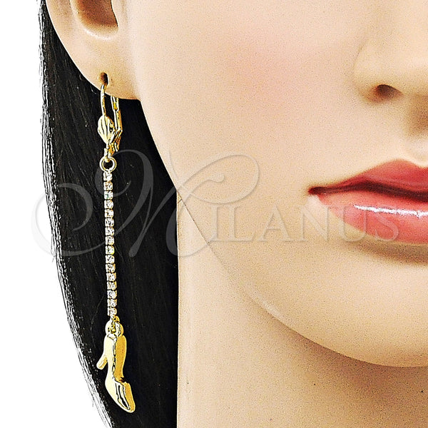 Oro Laminado Long Earring, Gold Filled Style Shoes Design, with White Crystal, Polished, Golden Finish, 5.099.001