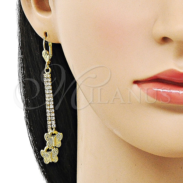 Oro Laminado Long Earring, Gold Filled Style Butterfly Design, with White Crystal, Polished, Golden Finish, 5.099.009