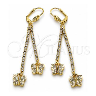 Oro Laminado Long Earring, Gold Filled Style Butterfly Design, with White Crystal, Polished, Golden Finish, 5.099.009