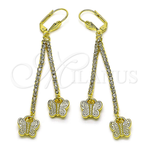 Oro Laminado Long Earring, Gold Filled Style Butterfly Design, with White Crystal, Polished, Golden Finish, 5.099.009