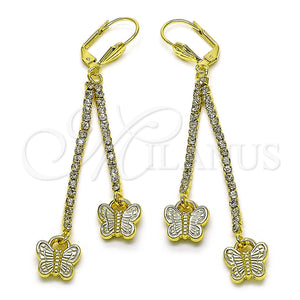 Oro Laminado Long Earring, Gold Filled Style Butterfly Design, with White Crystal, Polished, Golden Finish, 5.099.009