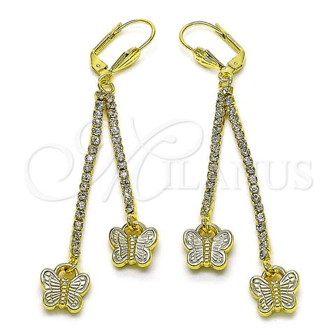 Oro Laminado Long Earring, Gold Filled Style Butterfly Design, with White Crystal, Polished, Golden Finish, 5.099.009