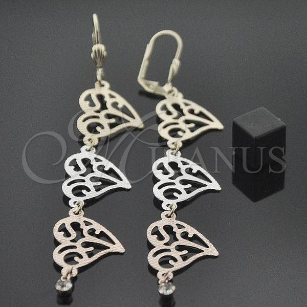 Oro Laminado Long Earring, Gold Filled Style Heart Design, with White Cubic Zirconia, Diamond Cutting Finish, Tricolor, 5.109.001