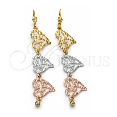 Oro Laminado Long Earring, Gold Filled Style Heart Design, with White Cubic Zirconia, Diamond Cutting Finish, Tricolor, 5.109.001