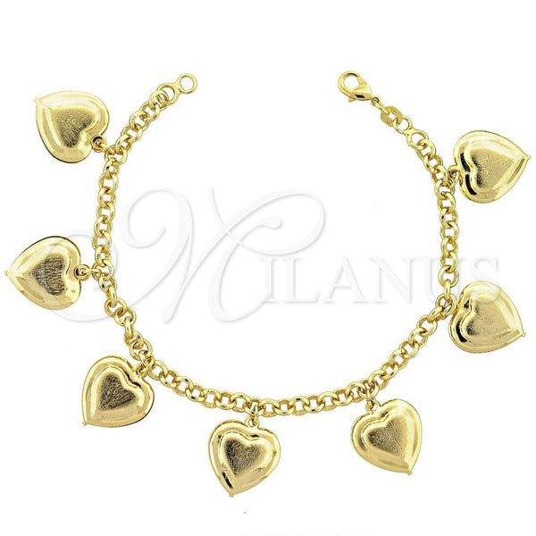Oro Laminado Charm Bracelet, Gold Filled Style Heart and Rolo Design, Matte Finish, Golden Finish, 031.004.07 (05 MM Thickness, 7 Inches Length)