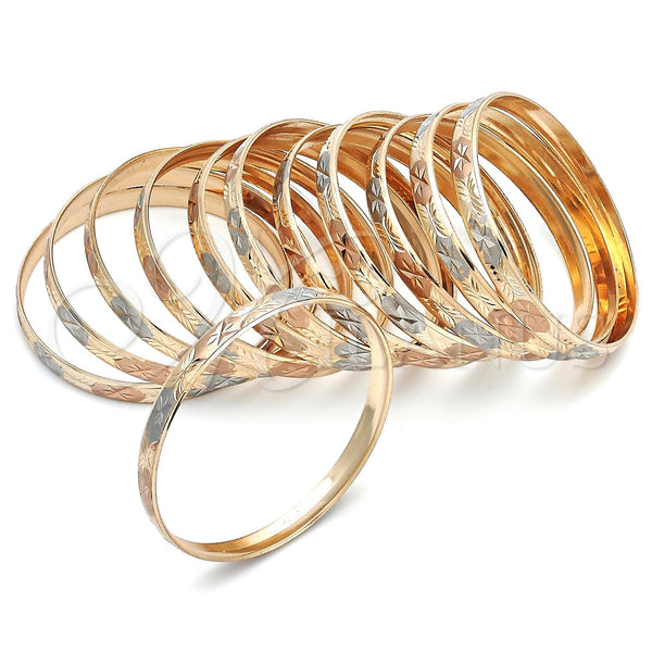 Gold Plated Dozen Bangle, Diamond Cutting Finish, Tricolor, 5.264.002.04 (06 MM Thickness, Size 4 (2.25 Diameter))
