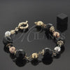 Oro Laminado Fancy Bracelet, Gold Filled Style Ball Design, with Black Azavache, Polished, Tricolor, 5.008.002 (12 MM Thickness, 7 Inches Length)
