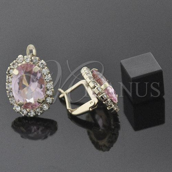 Oro Laminado Leverback Earring, Gold Filled Style Flower Design, with Rose and White Cubic Zirconia, Polished, Golden Finish, 5.013.009